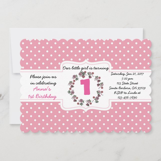 Invitación Personalizado Pink Polka Dot 1er cumpleaños tarjet (Anverso)