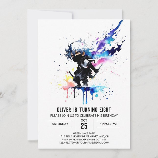 Invitación Personalizado pintó el cumpleaños digital Ninja Bo (Anverso)