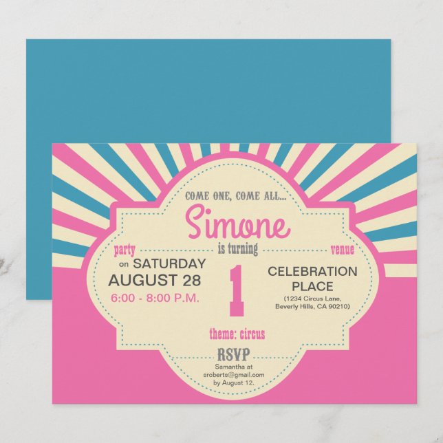 Invitación Personalizado, primer cumpleaños, tema del circo,  (Anverso / Reverso)