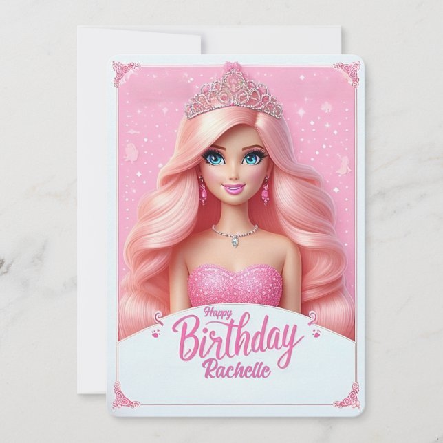Invitación Personalizado Princesa Rosa Feliz cumpleaños (Anverso)
