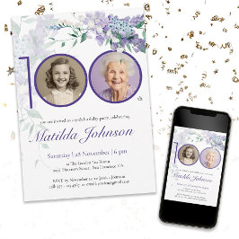 Invitación Personalizado Purple Floral Elegante foto 100 cump
