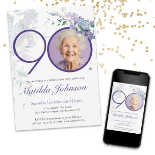 Invitación Personalizado Purple Floral Elegante Foto 90 cumpl