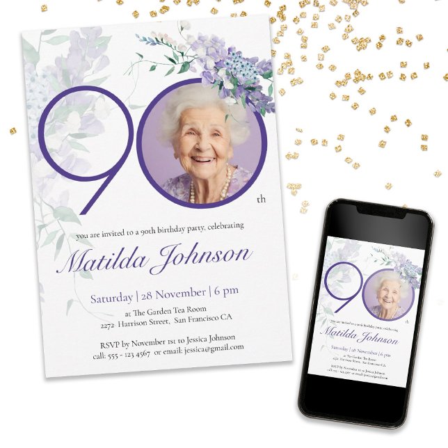 Invitación Personalizado Purple Floral Elegante Foto 90 cumpl (Mockup View)