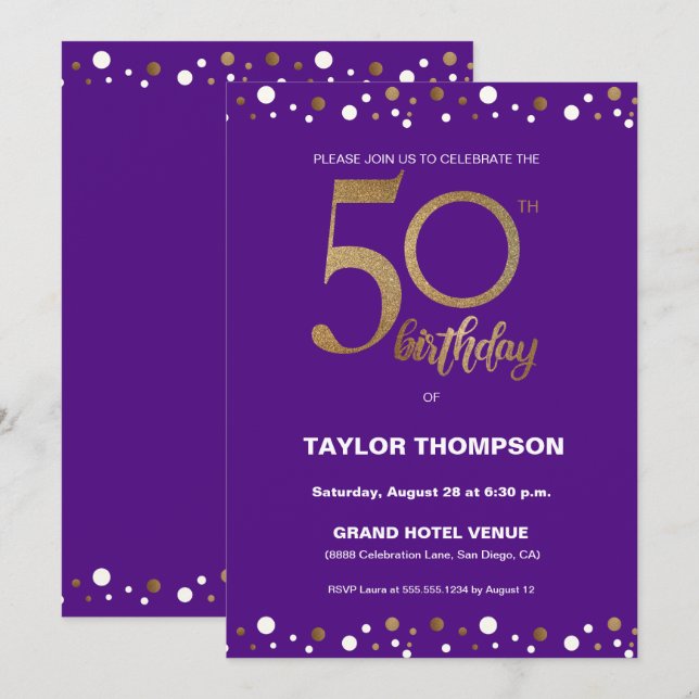 Invitación Personalizado Purple Gold Confetti 50 cumpleaños (Anverso / Reverso)