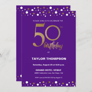 Invitación Personalizado Purple Gold Confetti 50 cumpleaños