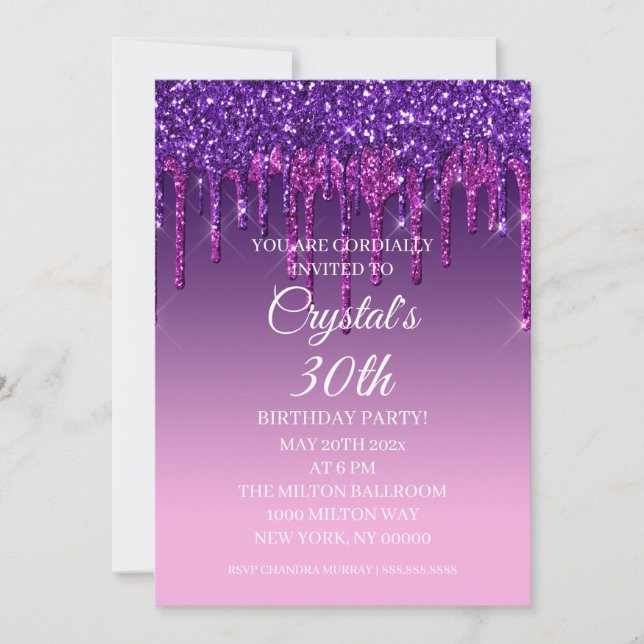 Invitación Personalizado Purpurina morado gota feliz cumpleañ (Anverso)