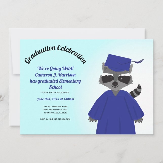 Invitación Personalizado Raccoon Blue Cap Gown Kid Graduación (Anverso)