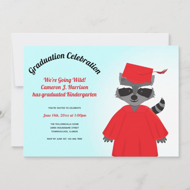 Invitación Personalizado Raccoon Red Black Blue Kid Graduació (Anverso)