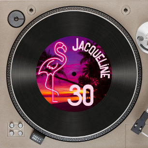 Invitación Personalizado Retro Record Neon Flamingo 30 cumple