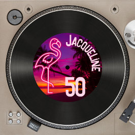 Invitación Personalizado Retro Record Neon Flamingo 50 cumple