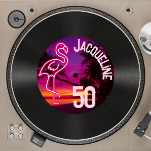 Invitación Personalizado Retro Record Neon Flamingo 50 cumple