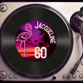 Invitación Personalizado Retro Record Neon Flamingo 60 cumple