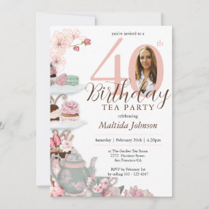 Invitación Personalizado rosa floral Foto Fiesta de té 40 cum