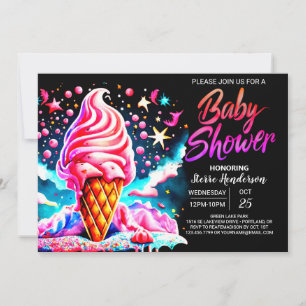 Invitación Personalizado rosa helado crema de cono negro Baby