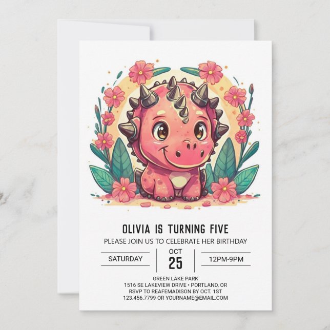 Invitación Personalizado rosa moda Chica de dinosaurios Cumpl (Anverso)