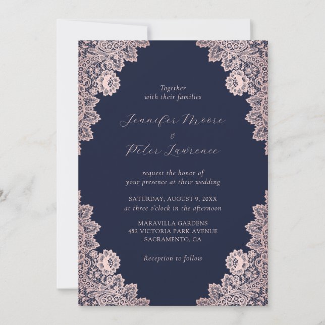 Invitación Personalizado Rosa Oro y Boda Azul de la Marina (Anverso)
