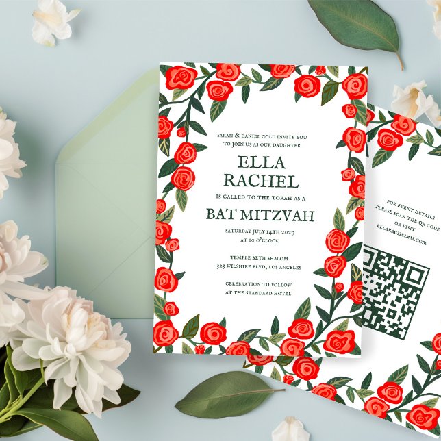 Invitación Personalizado Roses Rojos Bar Bat Mitzvah QR Chica (Red Roses Custom B'nai Bat Bar Mitzvah QR Code Girl Modern Invitation
)