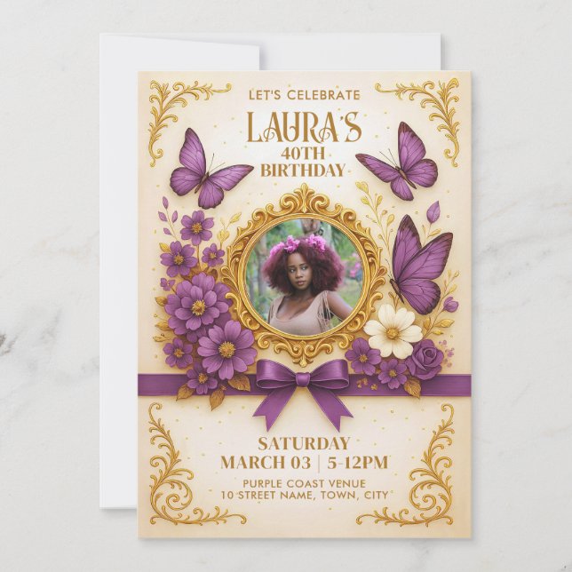 Invitación Personalizado Royal Gold Purple Butterfly Fiesta d (Anverso)