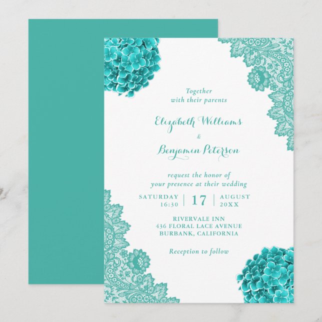 Invitación Personalizado Rustic Turquoise Hydrangea Lace Boda (Anverso / Reverso)