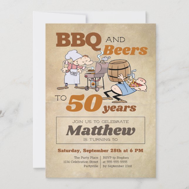 Invitación Personalizado Rústico BBQ Y Cervezas 50 cumpleaños (Anverso)