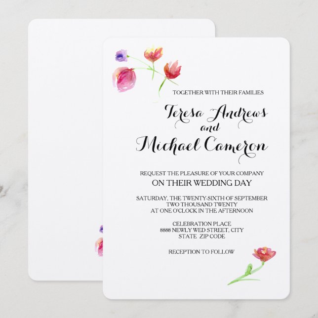 Invitación Personalizado, Rústico, Flor acuarela, Boda (Anverso / Reverso)