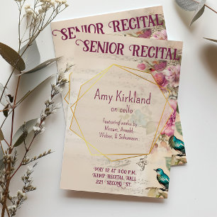 Invitación Personalizado Senior Música Recital Floral Bird Te