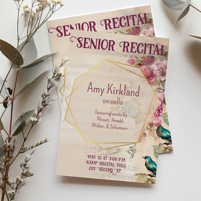 Invitación Personalizado Senior Música Recital Floral Bird Te (Floral sheet music themed customizable recital invitation.)