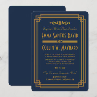 Invitación Personalizado Simple Azul Art Deco Boda Invita