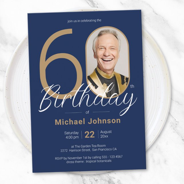 Invitación Personalizado simple foto Marina Azul 60 cumpleaño (Simple Custom Photo Navy Blue 60th Birthday Invitation)