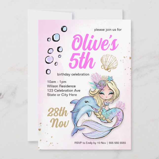 Invitación Personalizado Sirenita bajo el mar Cumpleaños (Anverso)
