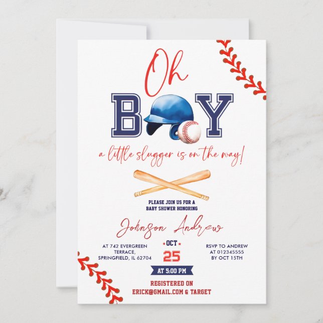 Invitación Personalizado Slumdunk Oh Boy Baseball Baby Shower (Anverso)