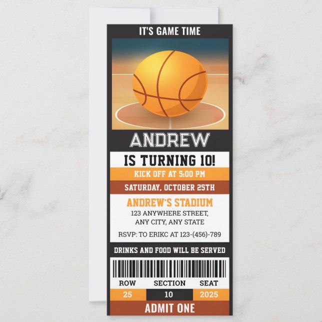 Invitación Personalizado Sport Baloncesto Ticket Cumpleaños (Anverso)