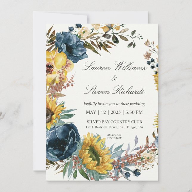 Invitación Personalizado Sunflowers White y Blue Wreath boda (Anverso)