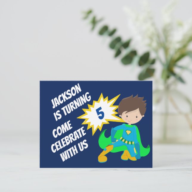 Invitación Personalizado Superhéroe Action Hero Niños Fiesta  (Anverso de pie)
