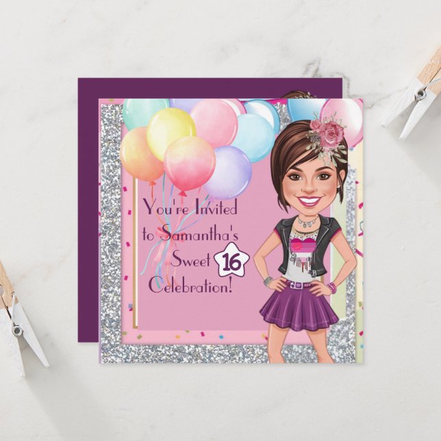 Invitación Personalizado Sweet 16 Caricatura con globos y gla (Anverso/Reverso In Situ)