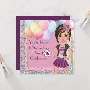 Invitación Personalizado Sweet 16 Caricatura con globos y gla
