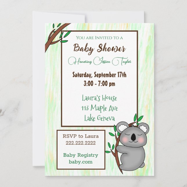 Invitación Personalizado tenebroso Koala Tema Baby Shower (Anverso)