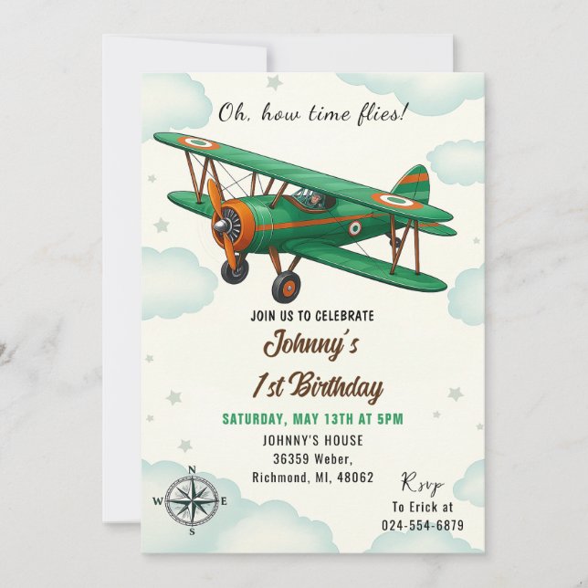 Invitación Personalizado Time vuela primer fiesta de cumpleañ (Anverso)