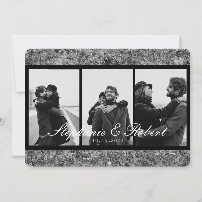 Invitación Personalizado Tres fotos Boda de resumen blanco ne (Anverso)