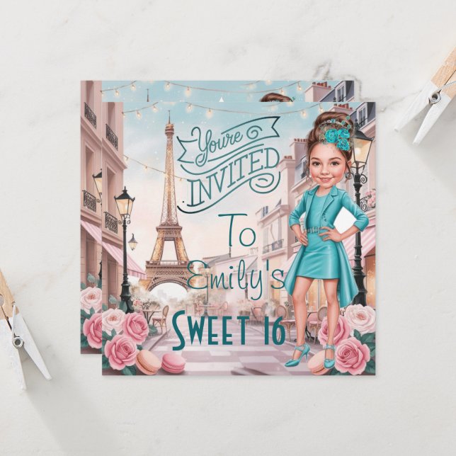 Invitación Personalizado Turquoise Sweet 16 en París (Anverso/Reverso In Situ)