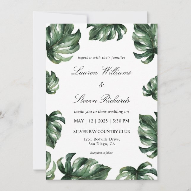 Invitación Personalizado Verde Blanco Elegante Palm Leaves Bo (Anverso)
