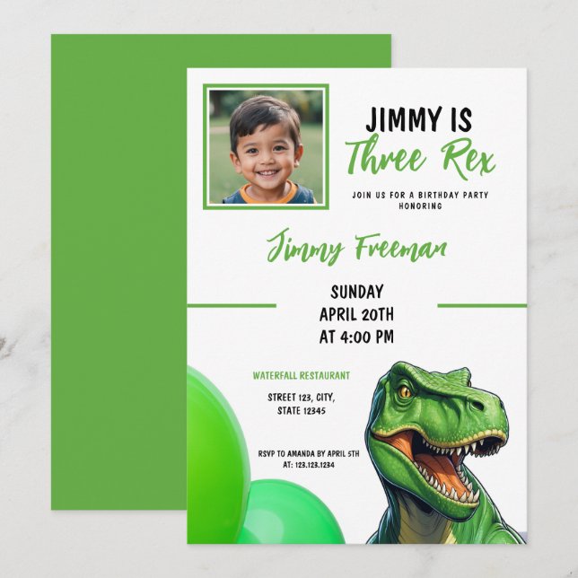 Invitación Personalizado verde lindo Trex Foto Cumpleaños (Anverso / Reverso)