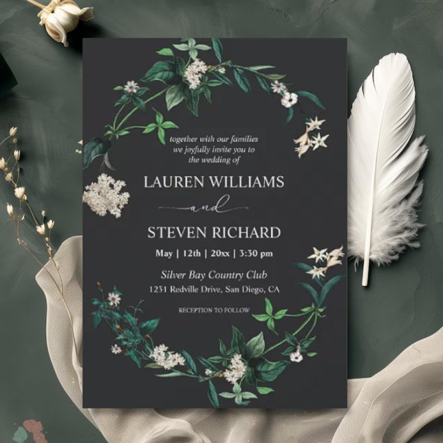 Invitación Personalizado verde negro deja flores blancas prem (Make your wedding day unforgettable with our stunning collection of elegant and customizable wedding)