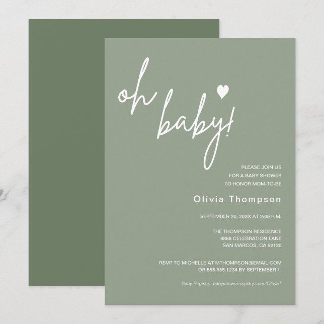 Invitación Personalizado Verde Neutral de Género Sage Oh Baby (Anverso / Reverso)