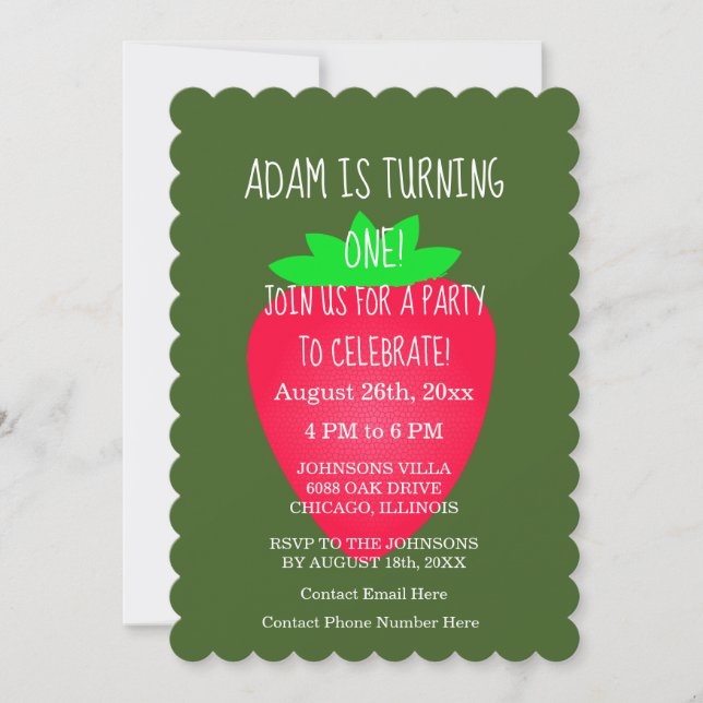 Invitación Personalizado Verde Rojo Fresa Primer Fiesta de Cu (Anverso)