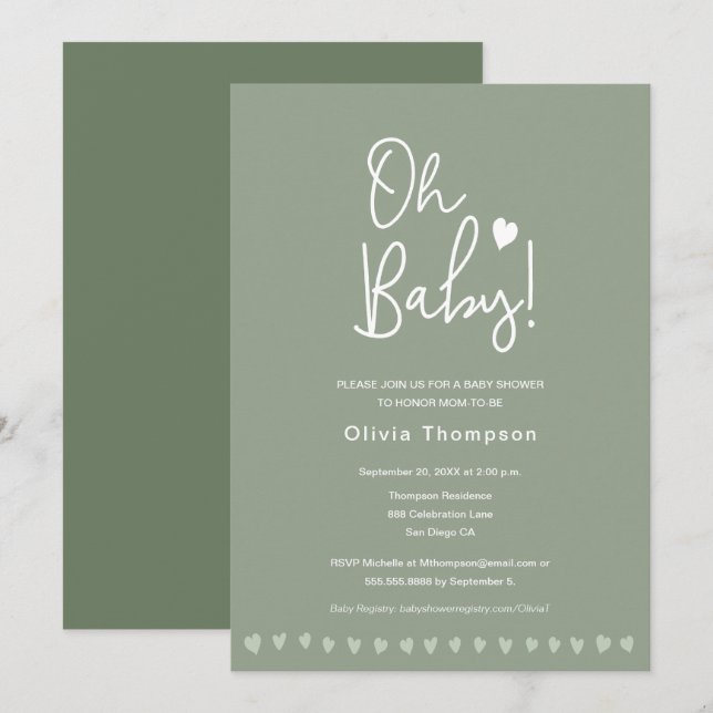 Invitación Personalizado Verde Sabio Oh Neutral de Género Bab (Anverso / Reverso)