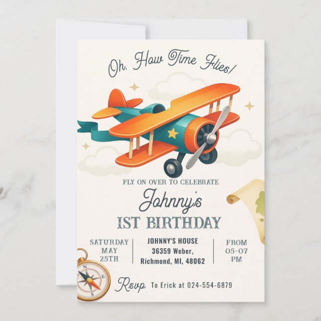 Invitación Personalizado Vintage Time Flies Primer Fiesta de  (Anverso)