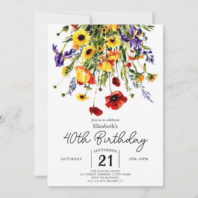 Invitación Personalizado Vintage Wildflowers 40 cumpleaños (Anverso)