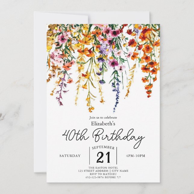 Invitación Personalizado Vintage Wildflowers 40 cumpleaños (Anverso)