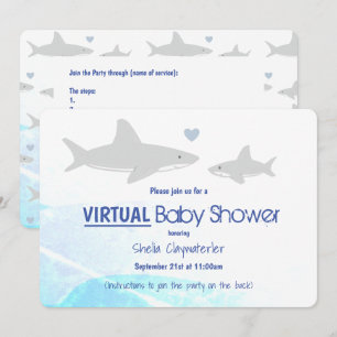 Invitación Personalizado virtual de tiburón azul gris blanco 